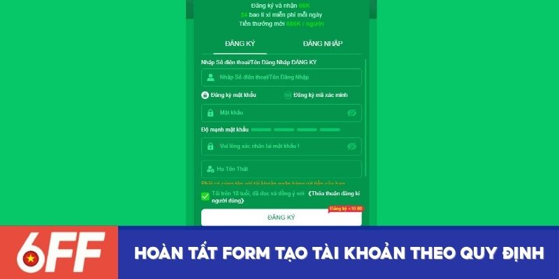 Hoàn tất form tạo tài khoản theo quy định